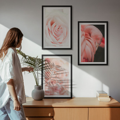 3 paveikslų rinkinys su rėmais Subtiliai pastelinės rožinės spalvos flamingai