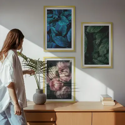 3 paveikslų rinkinys su rėmais lapai ir žiedai įvairių spalvų