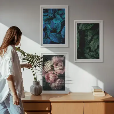 3 paveikslų rinkinys su rėmais lapai ir žiedai įvairių spalvų