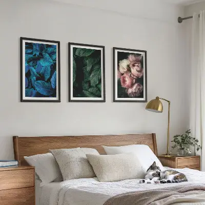 3 paveikslų rinkinys su rėmais lapai ir žiedai įvairių spalvų