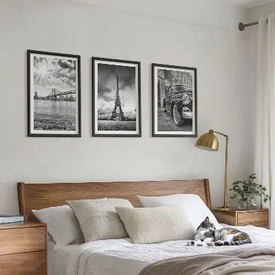 3 paveikslų rinkinys su rėmais miesto vaizdai su tiltais ir Eifelio bokštu