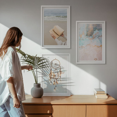 Įrėmintas triptikas Abstrakti jūros knyga boho