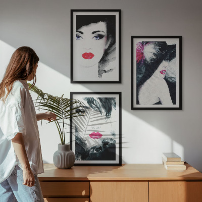 3 paveikslų rinkinys su rėmais Moterų su lūpomis portretai