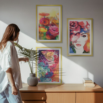 3 paveikslų rinkinys su rėmais Intensyvių gėlių moters portretas