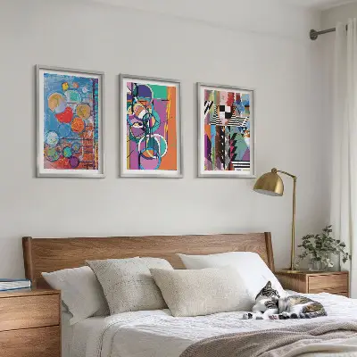 Spalvinga abstrakti apskritimų geometrija 3 paveikslų rinkinys su rėmais