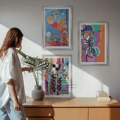 Spalvinga abstrakti apskritimų geometrija 3 paveikslų rinkinys su rėmais
