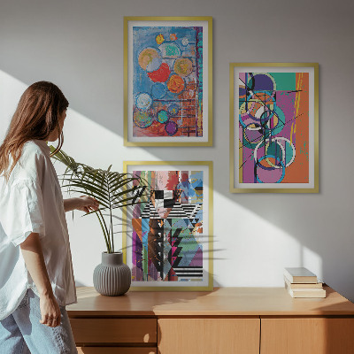 3 paveikslų rinkinys su rėmais Spalvinga abstrakti apskritimų geometrija