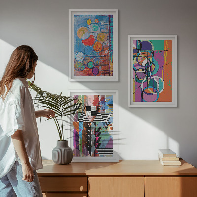 3 paveikslų rinkinys su rėmais Spalvinga abstrakti apskritimų geometrija