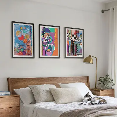 Spalvinga abstrakti apskritimų geometrija 3 paveikslų rinkinys su rėmais