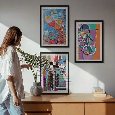 Spalvinga abstrakti apskritimų geometrija 3 paveikslų rinkinys su rėmais