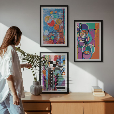 3 paveikslų rinkinys su rėmais Spalvinga abstrakti apskritimų geometrija