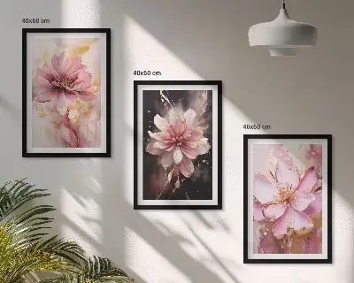 3 paveikslų rinkinys su rėmais gėlių kompozicijos su rožėmis baltame fone