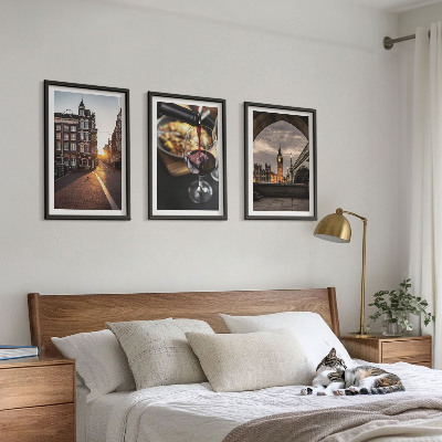 3 paveikslų rinkinys su rėmais Londono miesto maisto vaizdai