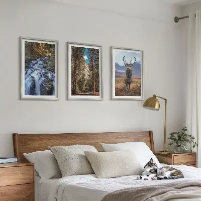 Įrėmintas triptikas krioklys, miškas, kalnai ir elniai gamtos tematikos