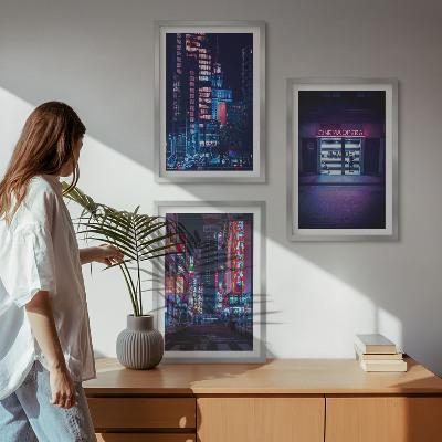 3 paveikslų rinkinys su rėmais Naktinio miesto neoninis įėjimas