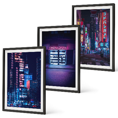 3 paveikslų rinkinys su rėmais Naktinio miesto neoninis įėjimas