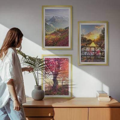 3 paveikslų rinkinys su rėmais Kalnų peizažai dviračiu