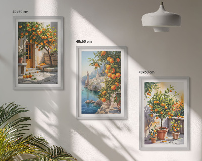 3 paveikslų rinkinys su rėmais Nutapyti citrusinių vaisių peizažai