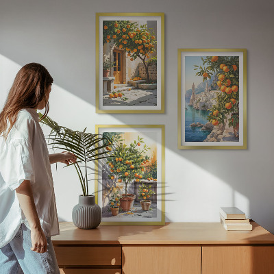 3 paveikslų rinkinys su rėmais Nutapyti citrusinių vaisių peizažai