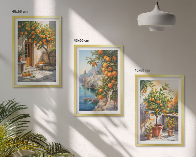 3 paveikslų rinkinys su rėmais Nutapyti citrusinių vaisių peizažai