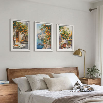3 paveikslų rinkinys su rėmais Nutapyti citrusinių vaisių peizažai
