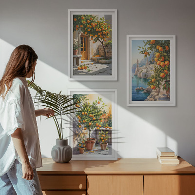 3 paveikslų rinkinys su rėmais Nutapyti citrusinių vaisių peizažai