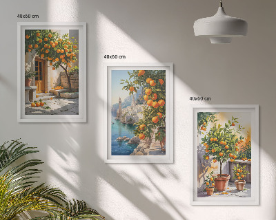3 paveikslų rinkinys su rėmais Nutapyti citrusinių vaisių peizažai