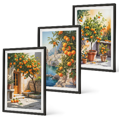 3 paveikslų rinkinys su rėmais Nutapyti citrusinių vaisių peizažai