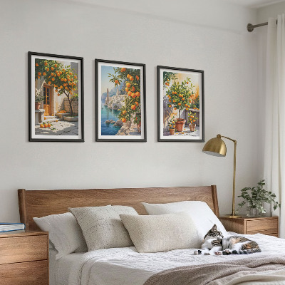 3 paveikslų rinkinys su rėmais Nutapyti citrusinių vaisių peizažai