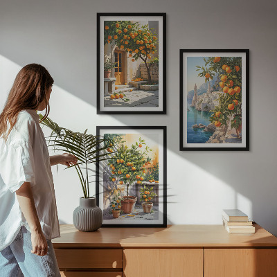 3 paveikslų rinkinys su rėmais Nutapyti citrusinių vaisių peizažai
