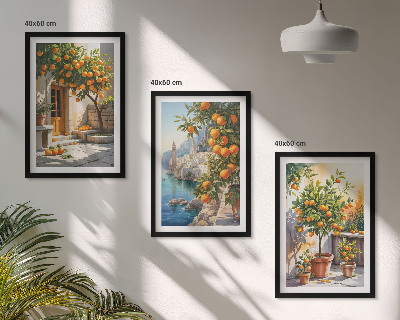 3 paveikslų rinkinys su rėmais Nutapyti citrusinių vaisių peizažai