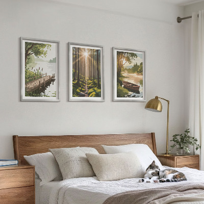 3 paveikslų rinkinys su rėmais Miško, ežero, valties peizažas