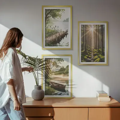 3 paveikslų rinkinys su rėmais miško, ežero ir valties peizažas