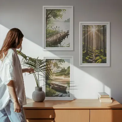 3 paveikslų rinkinys su rėmais miško, ežero ir valties peizažas