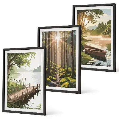 3 paveikslų rinkinys su rėmais miško, ežero ir valties peizažas