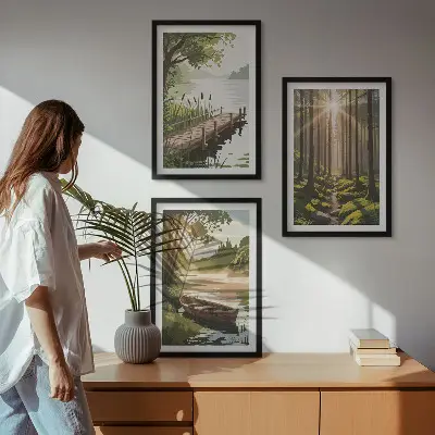 3 paveikslų rinkinys su rėmais miško, ežero ir valties peizažas