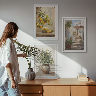3 paveikslų rinkinys su rėmais Citrinos augalų vazoje