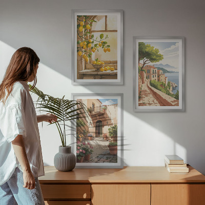 3 paveikslų rinkinys su rėmais Citrusiniai vaisiai virtuvėje, jūros miestelyje