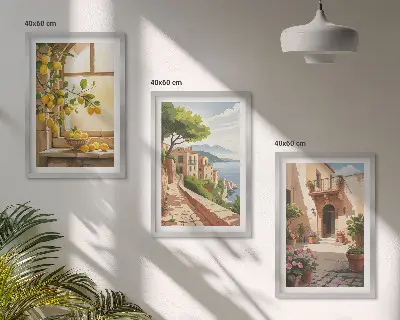 3 paveikslų rinkinys su rėmais citrusiniai vaisiai virtuvėje ir jūros miestelio vaizdas