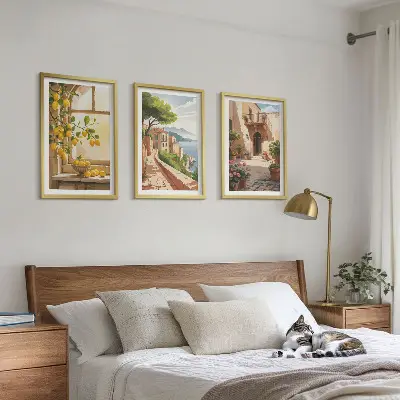 3 paveikslų rinkinys su rėmais citrusiniai vaisiai virtuvėje ir jūros miestelio vaizdas