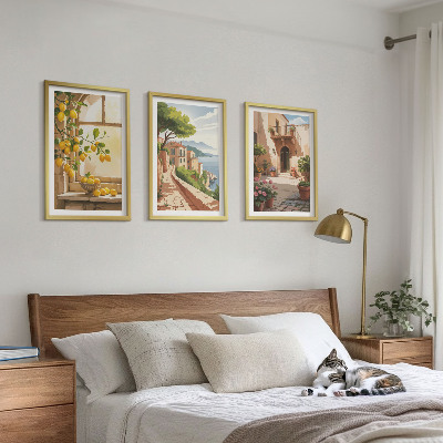 3 paveikslų rinkinys su rėmais Citrusiniai vaisiai virtuvėje, jūros miestelyje