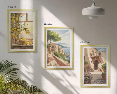 3 paveikslų rinkinys su rėmais citrusiniai vaisiai virtuvėje ir jūros miestelio vaizdas