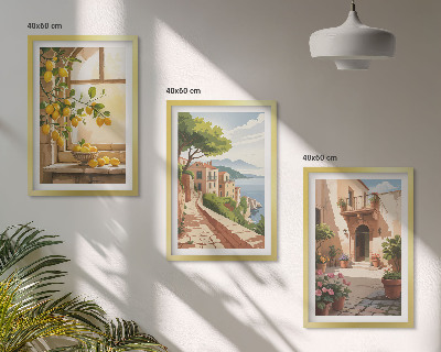 3 paveikslų rinkinys su rėmais Citrusiniai vaisiai virtuvėje, jūros miestelyje