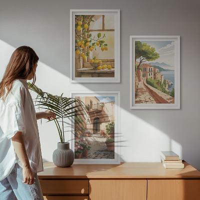 3 paveikslų rinkinys su rėmais Citrusiniai vaisiai virtuvėje, jūros miestelyje