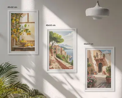3 paveikslų rinkinys su rėmais citrusiniai vaisiai virtuvėje ir jūros miestelio vaizdas