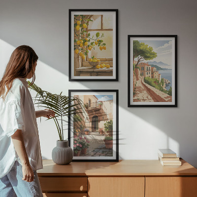 3 paveikslų rinkinys su rėmais Citrusiniai vaisiai virtuvėje, jūros miestelyje