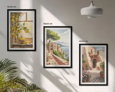 3 paveikslų rinkinys su rėmais citrusiniai vaisiai virtuvėje ir jūros miestelio vaizdas