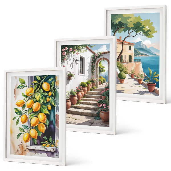 3 paveikslų rinkinys su rėmais Citrinos, gėlės, jūros vaizdai