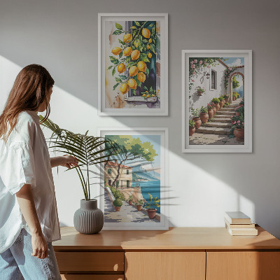3 paveikslų rinkinys su rėmais Citrinos, gėlės, jūros vaizdai