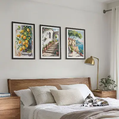 3 paveikslų rinkinys su rėmais citrinų, gėlių ir jūros vaizdai